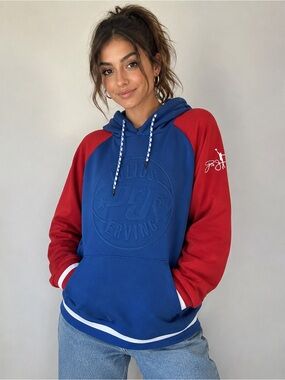 Dr J Julius Erving Hoodie Womens XL Blue Red Colorblock Pullover Sweatshirt